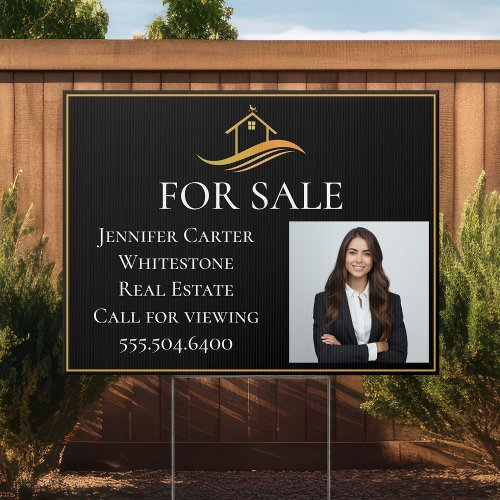 Real Estate Company Agent Photo Black Gold Yard Sign