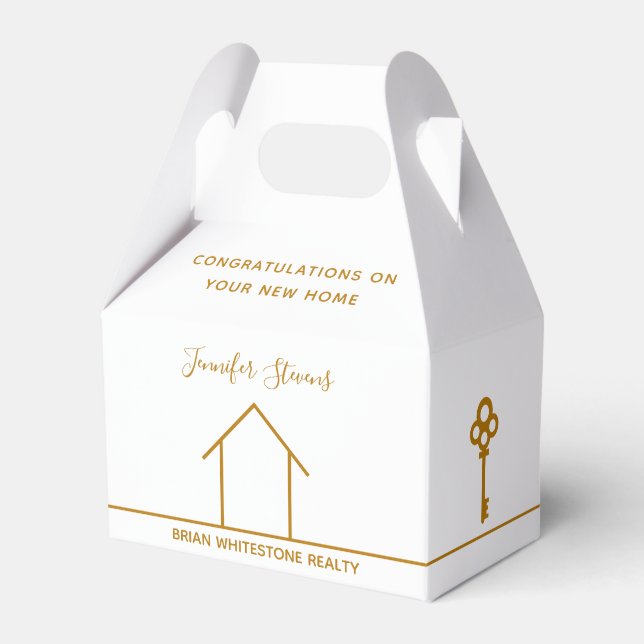 Real Estate Company Chic Gold White Housewarming Favor Boxes (Front Side)