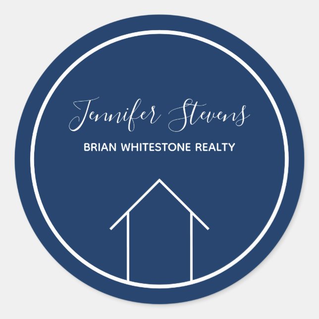 Real Estate Company Custom Navy Blue Marketing Classic Round Sticker (Front)