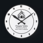 Real Estate Company Customized Realtor Logo Round Clock<br><div class="desc">This professional realtor office clock is custom made with your real estate company name under the modern cursive script. This trendy minimalist white and black realty business decor features a house logo image that can be replaced with your own for home builder or realty agent company marketing.</div>