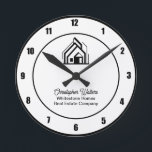 Real Estate Company Customized Realtor Logo Round Clock<br><div class="desc">This professional realtor office clock is custom made with your real estate company name under the modern cursive script. This trendy minimalist white and black realty business decor features a house logo image that can be replaced with your own for home builder or realty agent company marketing.</div>