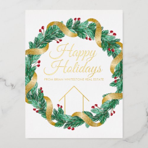 Real Estate Company Elegant Custom Christmas Gold Foil Holiday Postcard