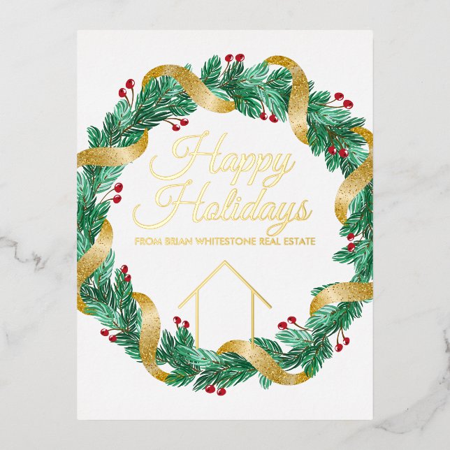 Real Estate Company Elegant Custom Christmas Gold Foil Holiday Postcard (Front)