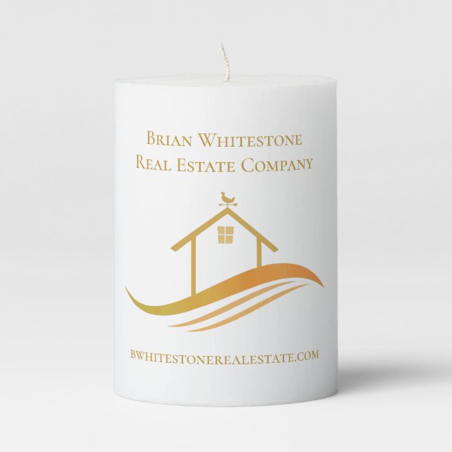 Real Estate Company Gold Logo Personalized Realtor Pillar Candle (Front)
