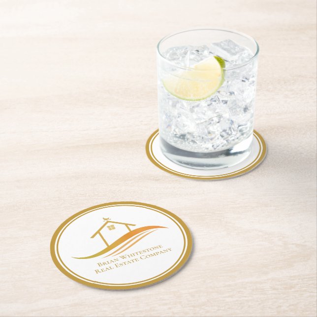 Real Estate Company Gold Open House Customizable Round Paper Coaster (Insitu)