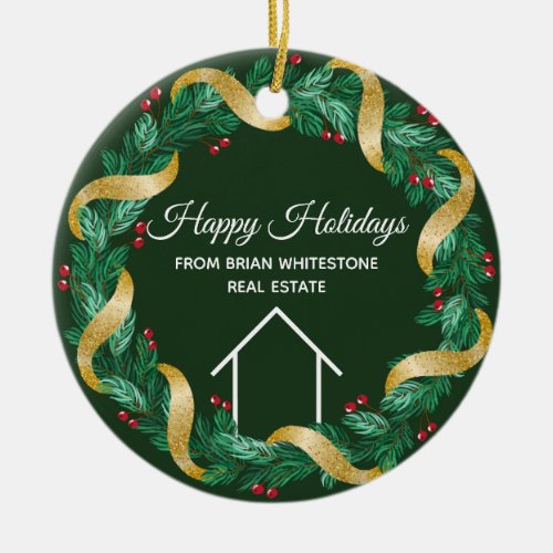Real Estate Company Happy Holidays Custom Green Ceramic Ornament