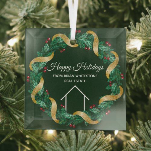 Real Estate Company Happy Holidays Custom Green Glass Ornament