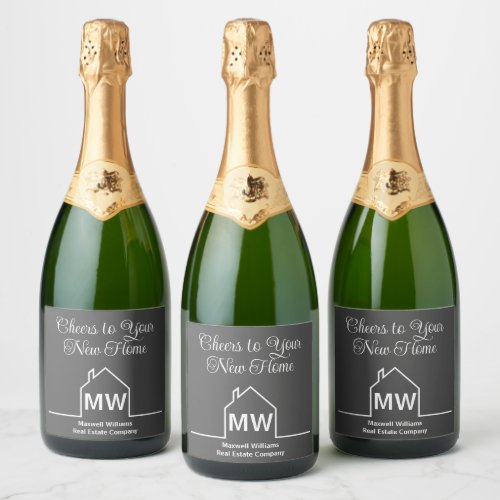 Real Estate Company Housewarming Cheers Chic Grey Sparkling Wine Label
