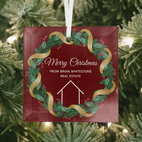 Real Estate Company Merry Christmas Custom Red Glass Ornament