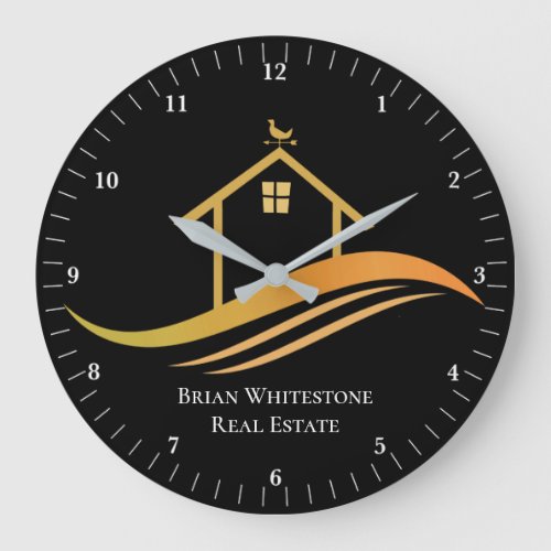 Real Estate Company Modern Chic Gold Black Office Large Clock