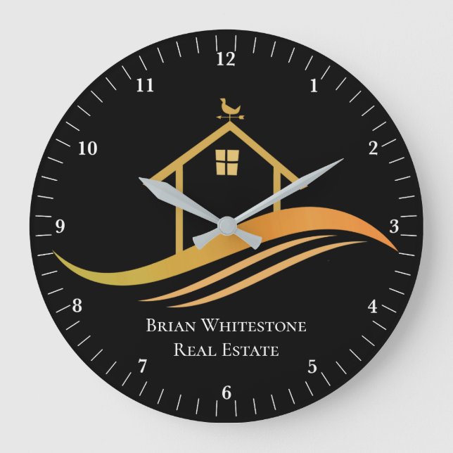 Real Estate Company Modern Chic Gold Black Office Large Clock (Front)