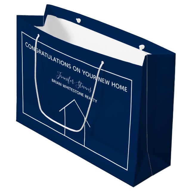 Real Estate Company Navy Blue Custom Housewarming Large Gift Bag (Front Angled)