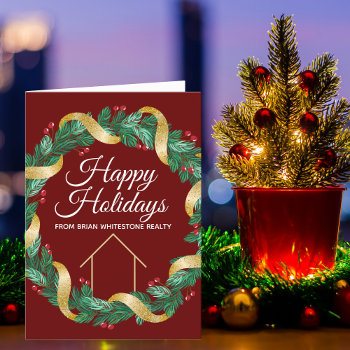 Real Estate Company Red Christmas Wreath Folded Holiday Card by epicdesigns at Zazzle
