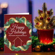 Real Estate Company Red Christmas Wreath Folded Holiday Card at Zazzle