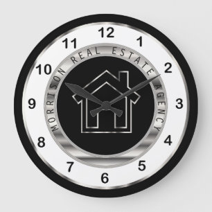 Real Estate Design in Silver, White and Black Large Clock