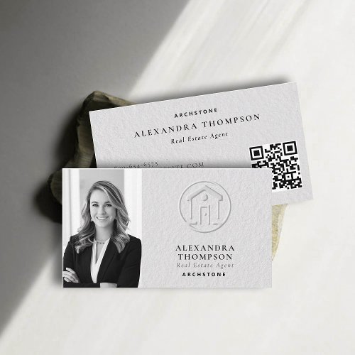 Real Estate Faux Embossed Black White Modern Photo Business Card