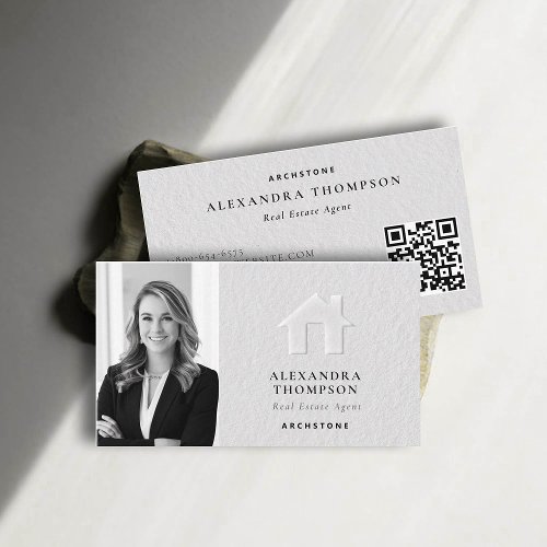 Real Estate Faux Embossed Black White Simple Photo Business Card