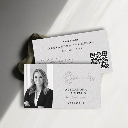 Real Estate Faux Embossed Key Black White Photo Business Card