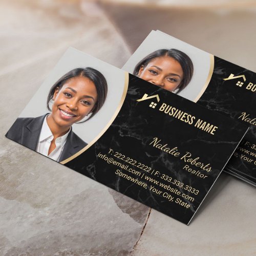 Real Estate Gold House Logo Realtor Marble Photo Business Card