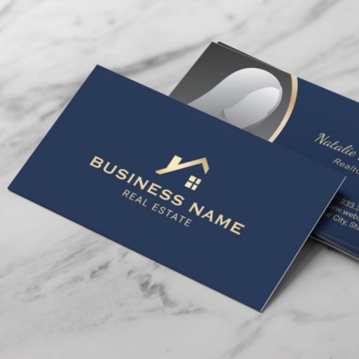 Customizable Real Estate Gold House Realtor Navy Blue Photo Business Card