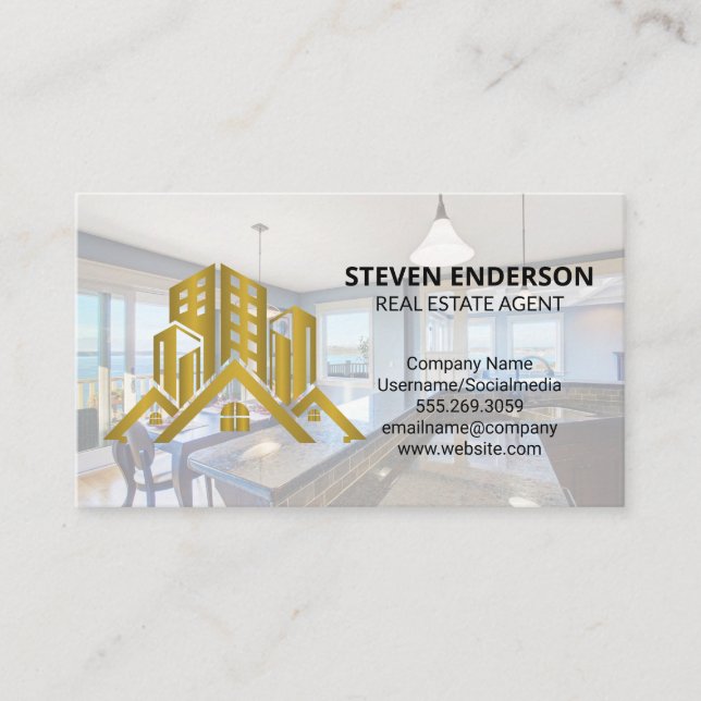 Real Estate Gold Logo | Modern Kitchen  Business Card (Front)