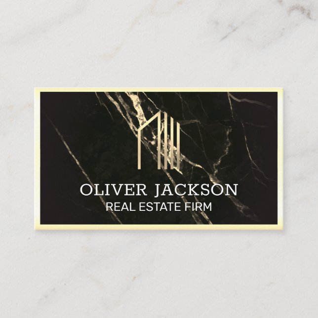 Real Estate | Gold Lux Border | Black Gold Marble Business Card (Front)