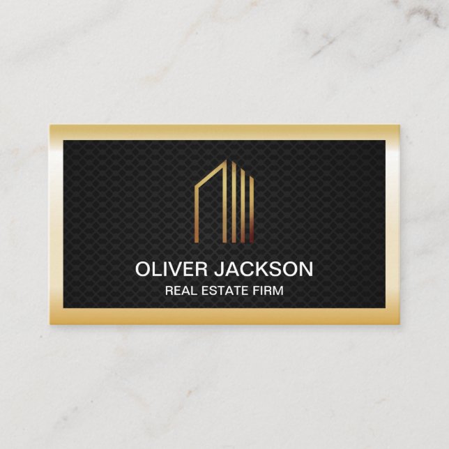 Real Estate | Gold Lux Border | Black Mesh Business Card (Front)
