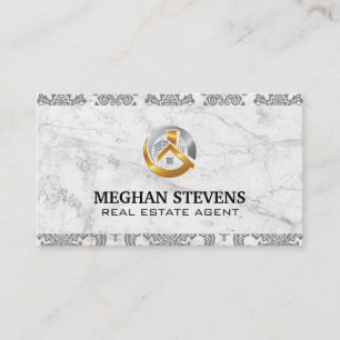 Real Estate Gold Silver Logo Damask Marble Appointment Card