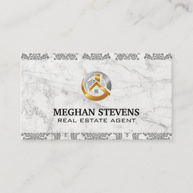 Real Estate Gold Silver Logo | Damask Marble Appointment Card (Front)