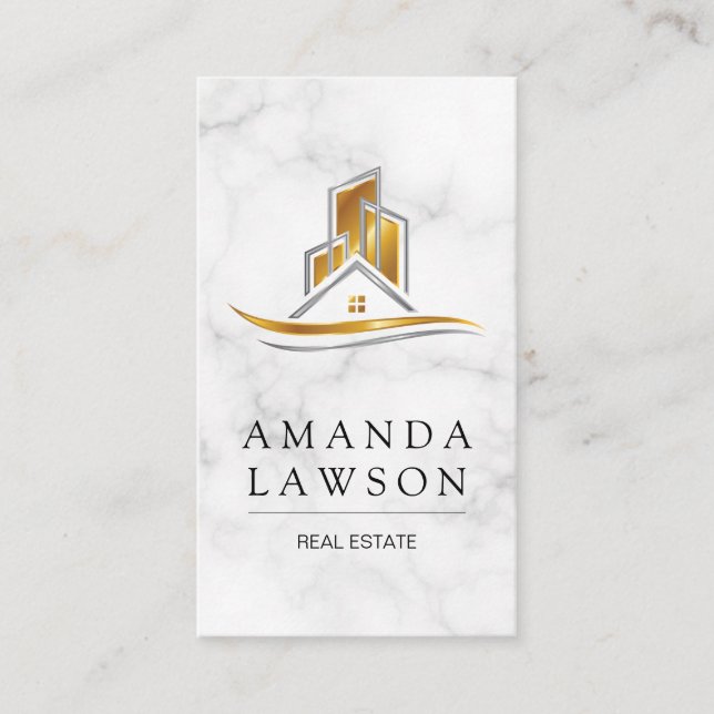 Real Estate Gold Silver Logo | White Marble Appointment Card (Front)