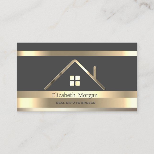  Real Estate  Gold Striped House Roof Gray Business Card (Front)