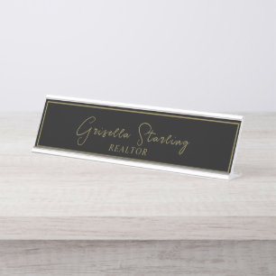 Real Estate Golden Black Script Metallic Desk Name Plate