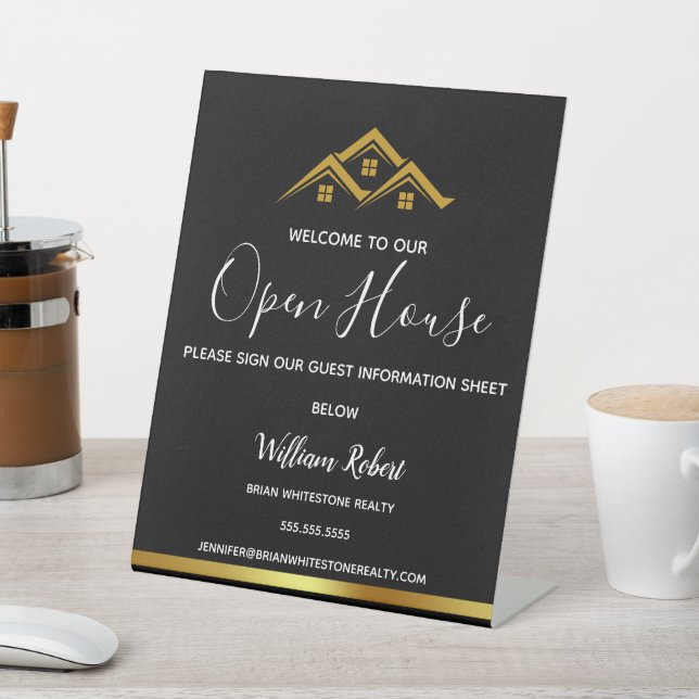 Real Estate Golden House Logo Modern Realtor Pedestal Sign (In SItu)