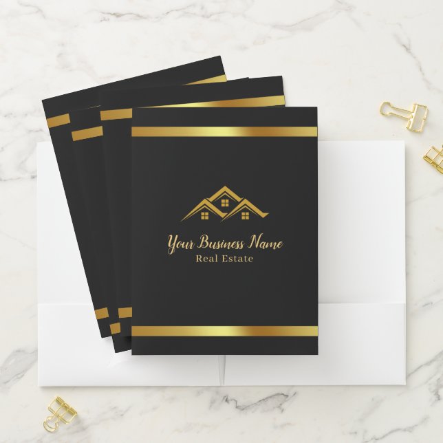 Real Estate Golden House Logo  Modern Realtor Pocket Folder (In Situ)