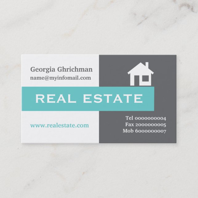 Real estate grey, white, aqua eye-catching business card (Front)