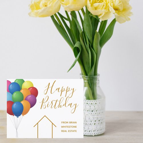 Real Estate Happy Birthday Balloons Elegant Gold Card