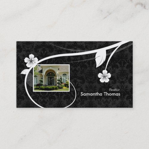 Real Estate Home Damask Business Card Floral Black