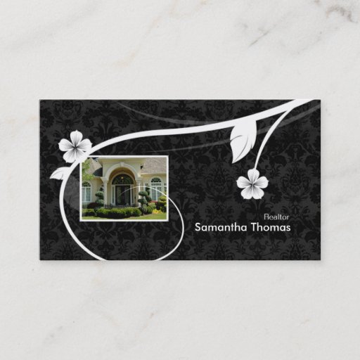 Customizable Real Estate Home Damask Business Card Floral Black