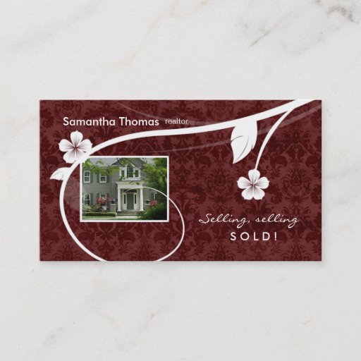 Customizable Real Estate Home Damask Business Card Floral Red