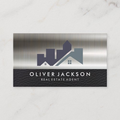 Real Estate Home Icon  Leather Metallic Business Card