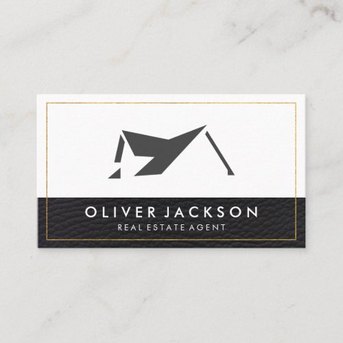 Real Estate Home Icon  Leather Trim Gold Border Business Card