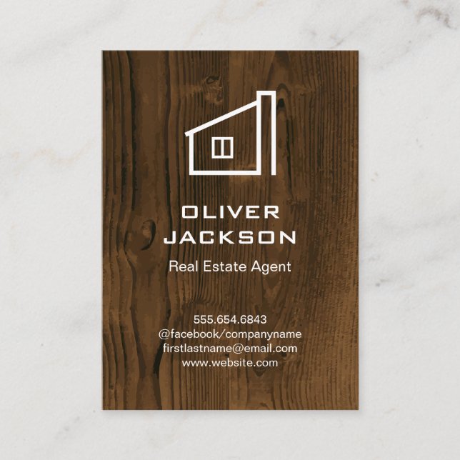 Real Estate | Home Icon | Wood Grain Background Business Card (Front)