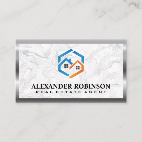 Real Estate Homes  Marble Metal Border Business Card