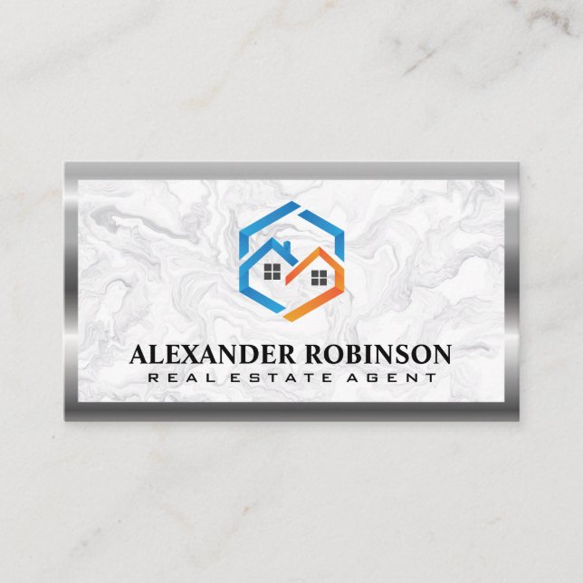 Real Estate Homes | Marble Metal Border Business Card (Front)