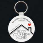 Real Estate House Heart Custom Realtor Business Keychain<br><div class="desc">A 2.25" keychain features a red heart over a new home's roof, the words "Bless Your New Home!" along with your company name, phone number and agent's name. CHANGE THE BACKGROUND COLOR to anything - we show light blue. Personalize this business marketing gift with your own information to congratulate buyers...</div>