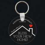Real Estate House Heart Custom Realtor Business Keychain<br><div class="desc">A 2.25 diameter keychain features a red heart over a new home's roof, the words "Bless Your New Home!" along with your company name, phone number and agent's name. CHANGE THE BACKGROUND COLOR to anything - we show black. Personalize this business marketing gift with your own information to congratulate buyers...</div>