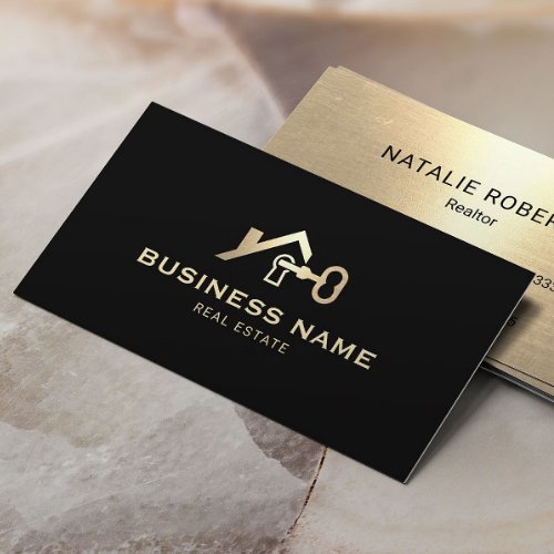 Real Estate House  Key Logo Black  Gold Realtor Business Card