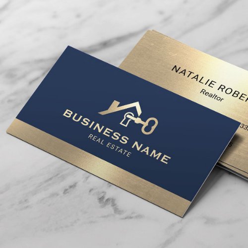Real Estate House  Key Logo Navy  Gold Realtor Business Card
