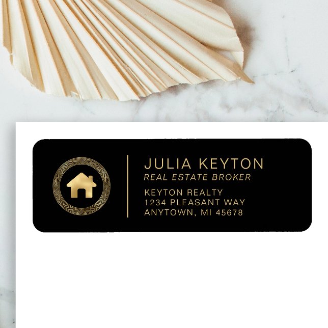 Real Estate House Logo Black Gold Return Address Label (Creator Uploaded)