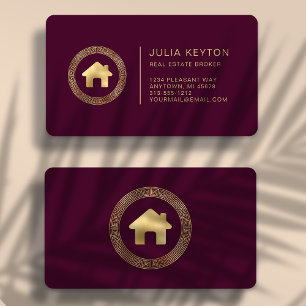 Real Estate House Logo Burgundy Gold Rounded Business Card